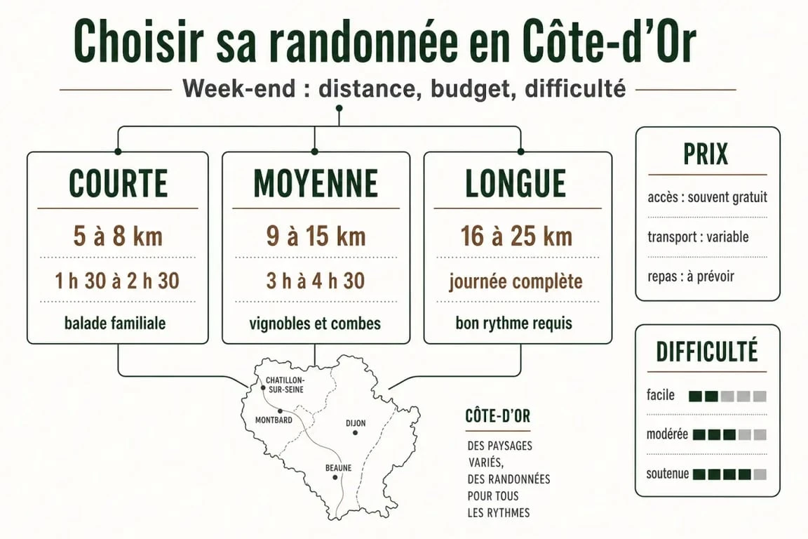 Randonnée Côte d Or ce week end : infographie comparative des distances, prix et niveaux