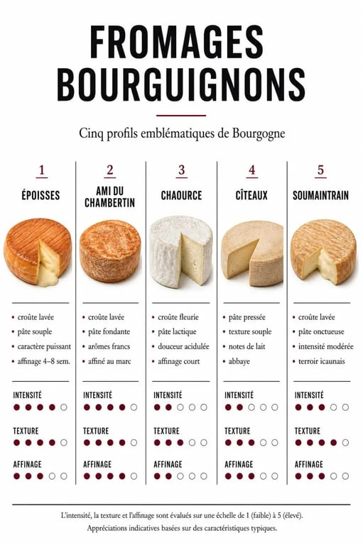 Fromages bourguignons comparés dans une composition éditoriale claire