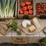 Marché fontaine : étalage au sol avec fruits et légumes