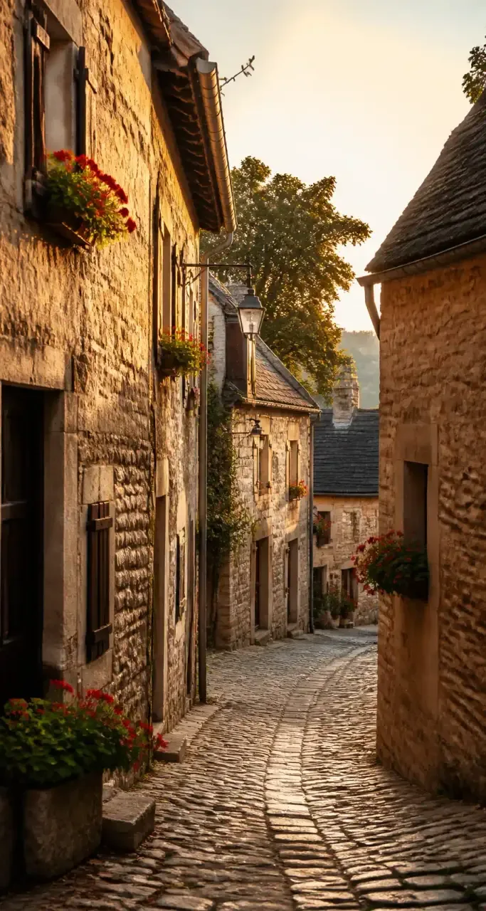 Ruelle m&eacute;di&eacute;vale en pierre calcaire d'un village de la C&ocirc;te-d'Or