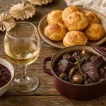 Spécialité bourguignonne : bœuf bourguignon, moutarde de Dijon et gougères à la table