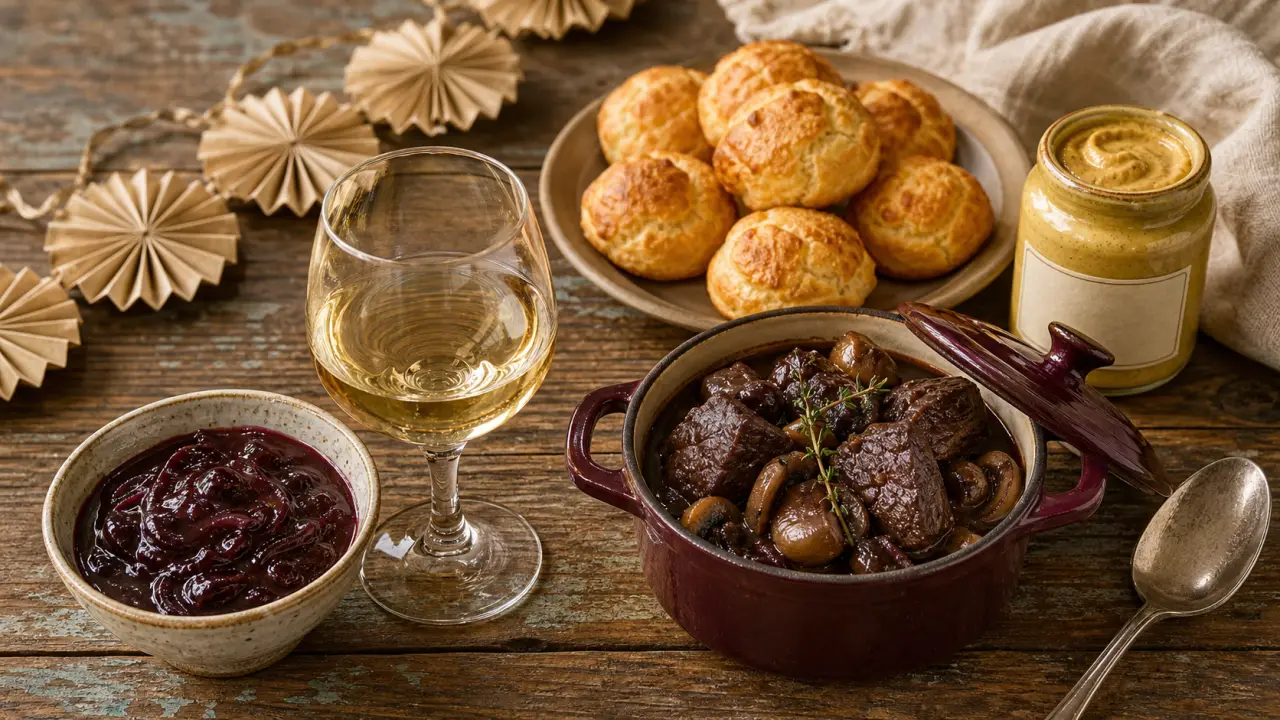 Spécialité bourguignonne : bœuf bourguignon, moutarde de Dijon et gougères à la table