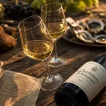 Blanc de Bourgogne sur table : verres et bouteille Chardonnay