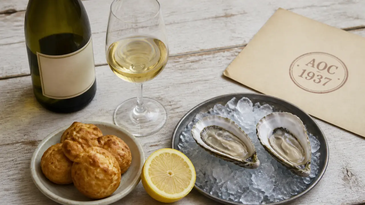 Bourgogne blanc aligoté sur table : verre tulipe, huîtres et gougères