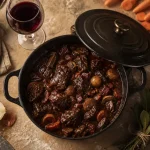 Bœuf bourguignon quel vin : cocotte en fonte et vin rouge