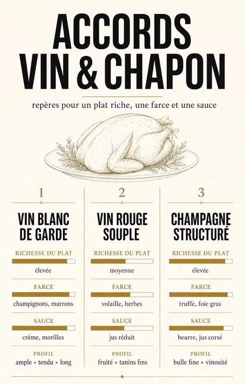 Vin et chapon : tableau comparatif des accords blanc, rouge et champagne