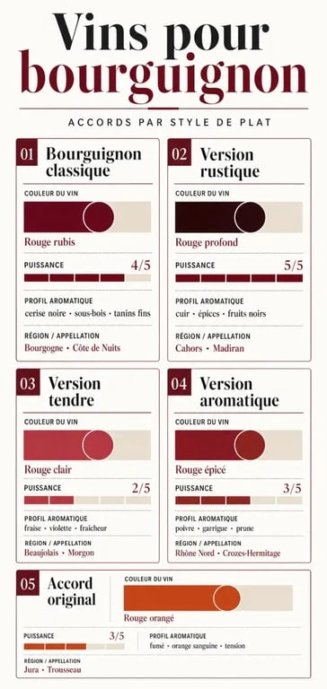 Infographie sur les vins pour bourguignon avec accords selon le style du plat