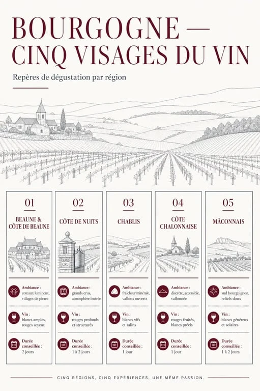 week-end dégustation vin bourgogne : composition éditoriale comparant Beaune, Côte de Nuits, Chablis, Côte chalonnaise et Mâconnais