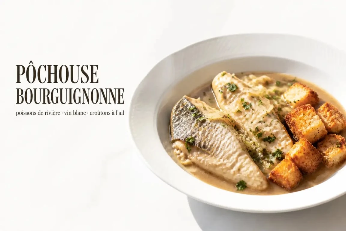 Recette bourguignonne avec du poisson et du vin blanc : pôchouse servie dans un plat creux avec croûtons dorés
