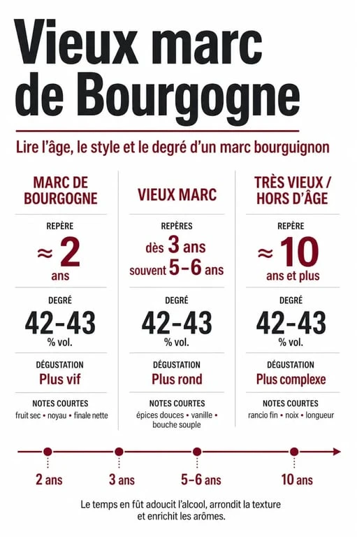 Infographie comparative sur le vieux marc de Bourgogne, ses mentions d’âge et ses caractéristiques