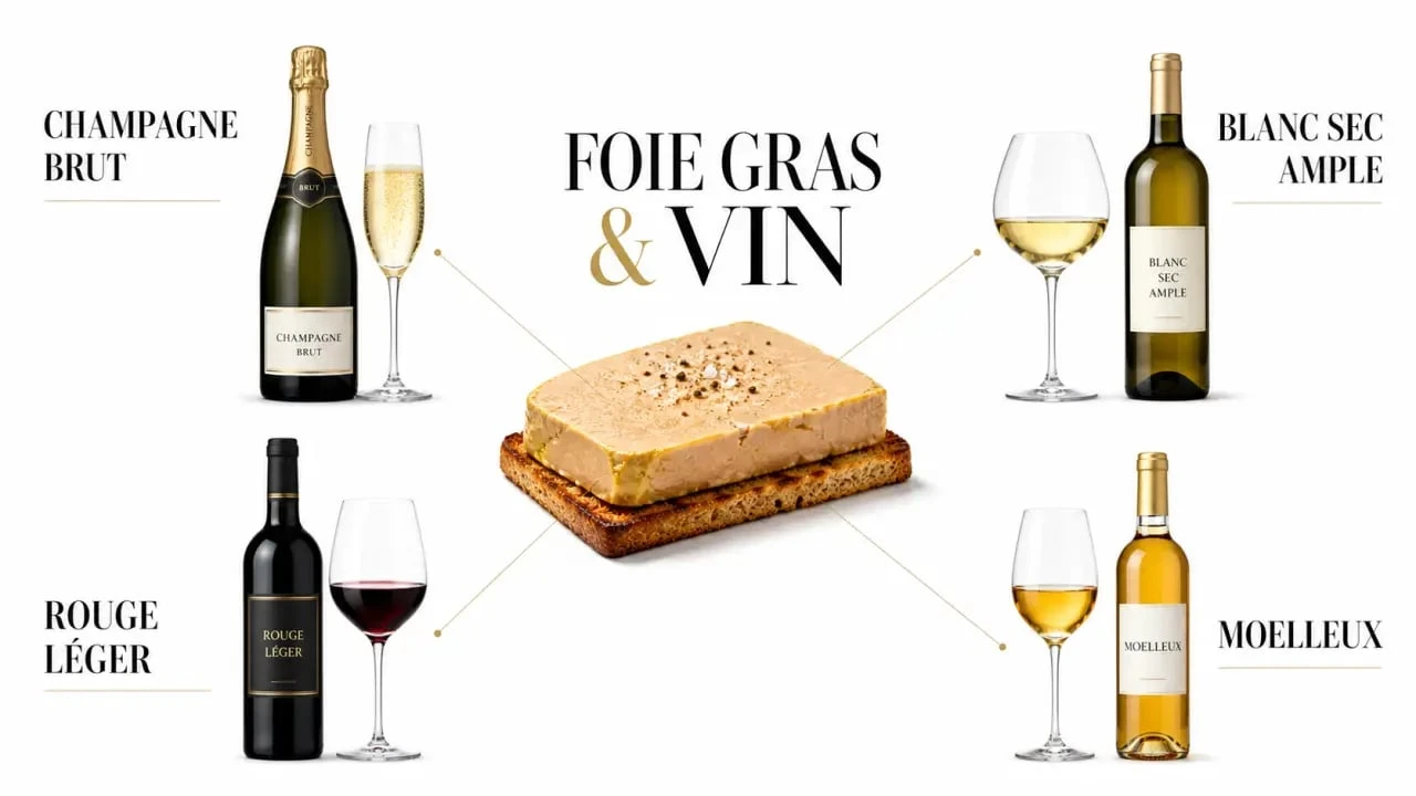 Accord foie gras vin illustré par une composition éditoriale montrant champagne, blanc sec, moelleux et rouge léger autour du foie gras