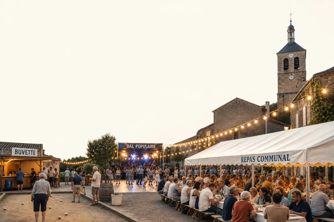 fete de village en France au crépuscule avec repas communal, bal populaire et ambiance conviviale