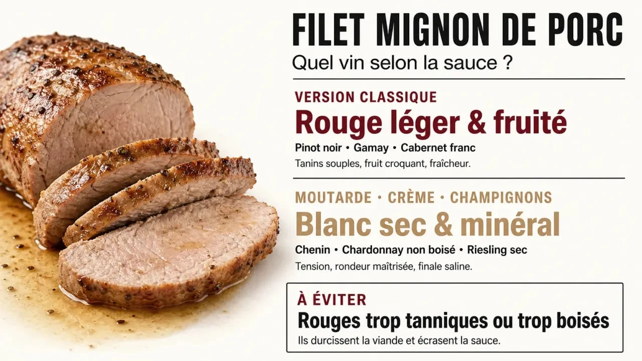 Quel vin avec filet mignon de porc : accords rouge léger et blanc sec selon la sauce