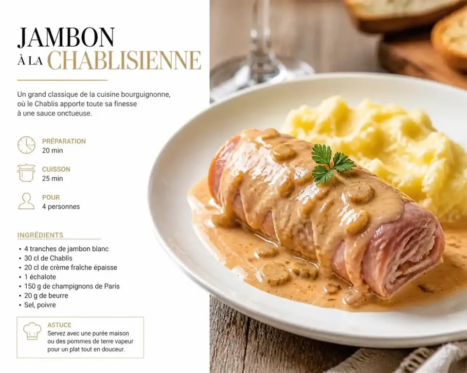 Recette du jambon à la chablisienne servie en assiette avec sauce crémeuse