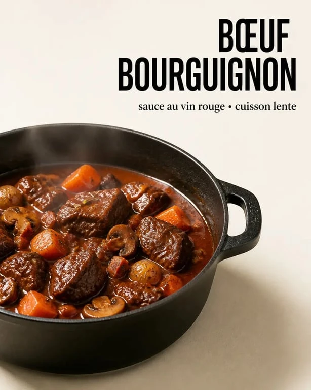 Vin boeuf bourguignon : bœuf bourguignon mijoté servi dans une cocotte avec sauce au vin rouge