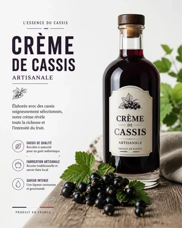 Crème de cassis maison dans une bouteille en verre avec des fruits frais, recette de crème de cassis artisanale