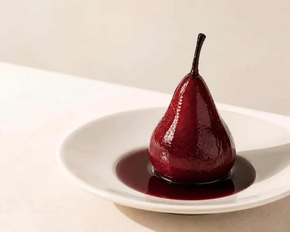 Poire au vin rouge recette bourguignonne servie en assiette blanche avec sirop brillant