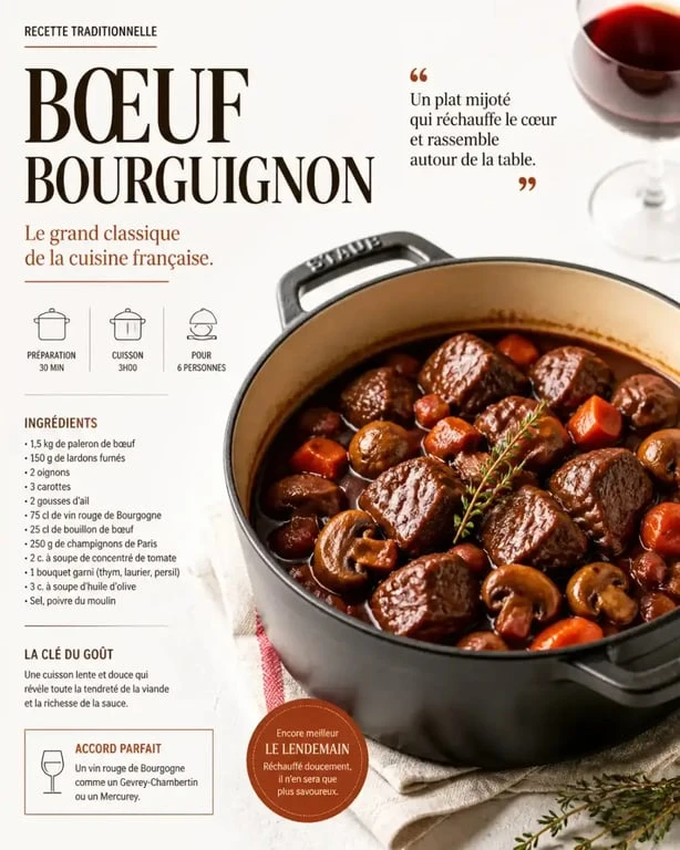 Bœuf bourguignon traditionnel cuisiné avec du vin rouge, servi dans une cocotte en fonte.