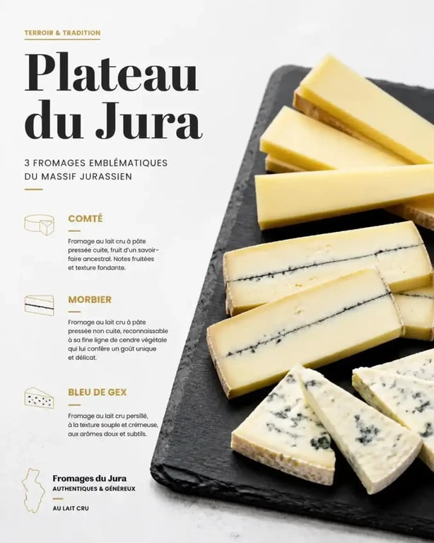 Plateau de fromages du Jura avec Comté, Morbier et Bleu de Gex sur ardoise