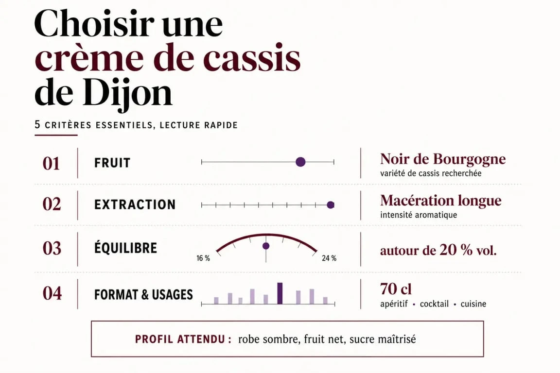 Comparatif visuel pour choisir la meilleure crème de cassis de Dijon selon le fruit, la macération, le degré et l’usage