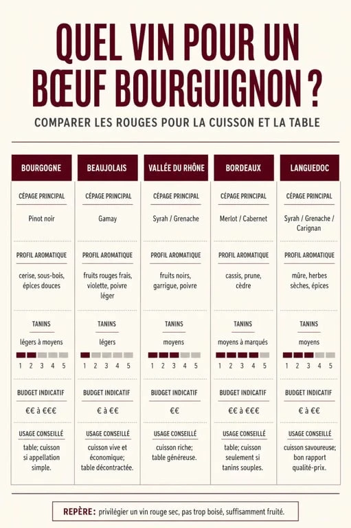 Infographie comparative sur quel vin pour un bœuf bourguignon selon la région, le cépage et le budget