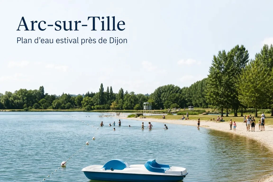 Arc sur tille lac en été avec plage, baignade surveillée et activités nautiques