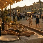 Fête de village : buffet sous chapiteau, pétanque et place du village