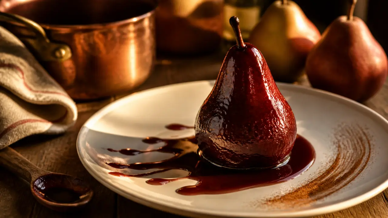 Poires au vin rouge recette bourguignonne : poire pochée nappée de sirop