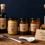 Produit epicerie fine : bocaux et coffret cadeaux sur table en bois