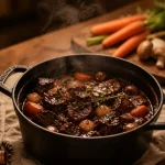 Vin rouge pour cuisiner bœuf bourguignon : cocotte fumante, bouteille et verre, sauce bourgogne
