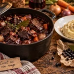 Civet chevreuil au vin rouge en cocotte, morceaux et sauce