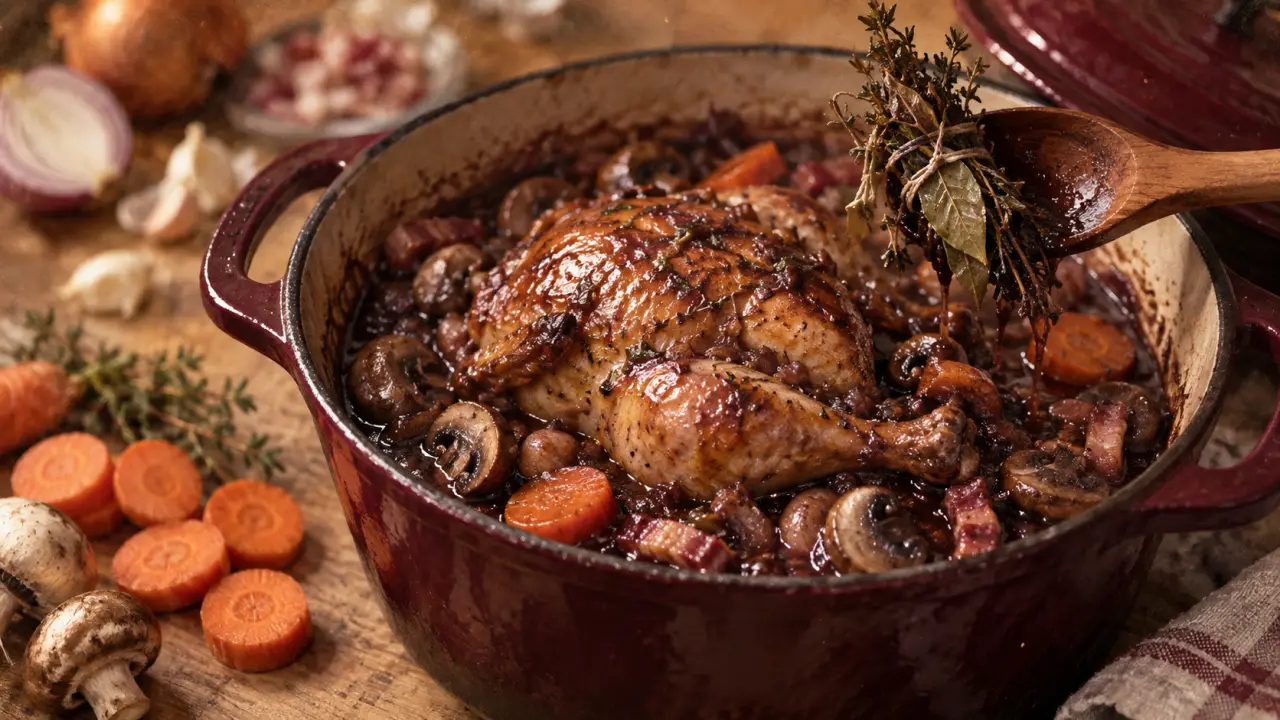 Coquelet au vin rouge avec sauce nappante, champignons et lardons