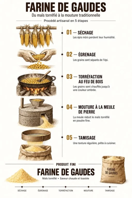 Infographie des étapes de fabrication de la farine de gaudes, du maïs torréfié à la mouture