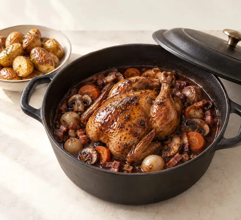Recette de coquelet au vin rouge en cocotte avec champignons et lardons