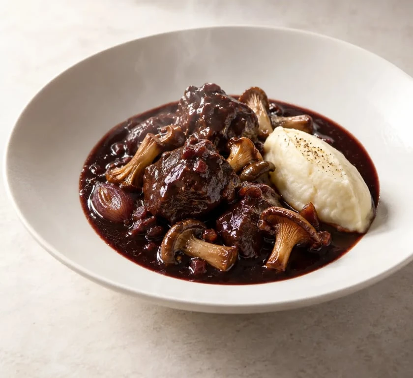 Civet de chevreuil traditionnel au vin rouge servi avec une purée de céleri-rave