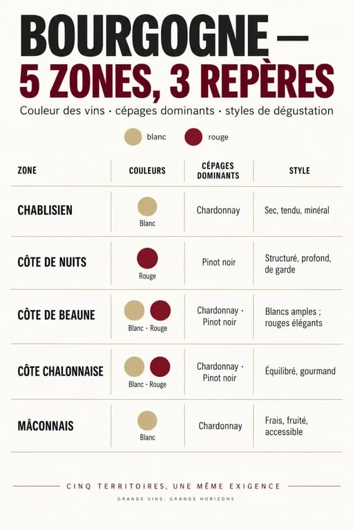 Infographie des vins bio Bourgogne par zones viticoles, cépages et styles