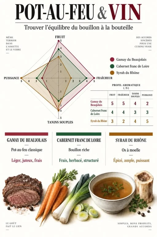 Pot au feu vin : équilibre entre fruit, fraîcheur, tanins et puissance selon le style choisi