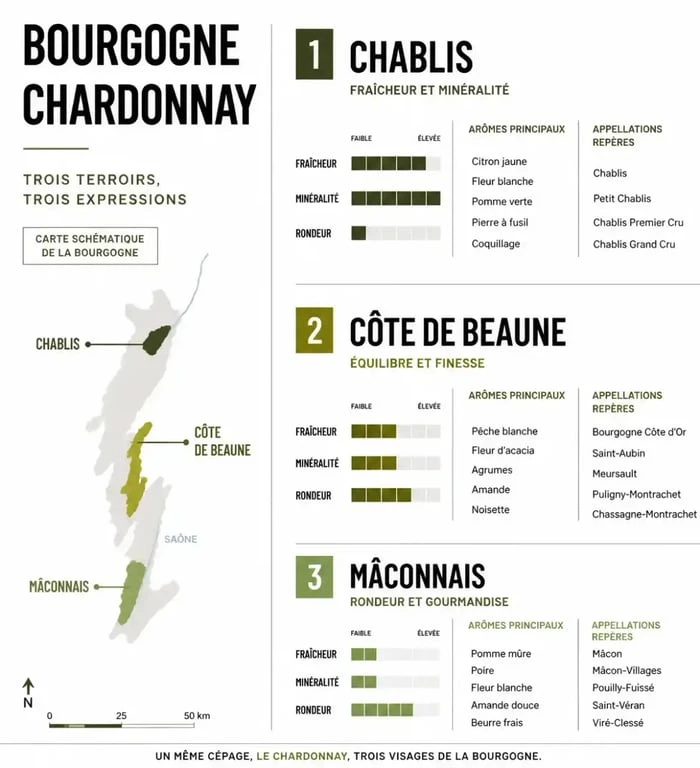 Bourgogne Chardonnay : comparaison des profils de Chablis, de la Côte de Beaune et du Mâconnais