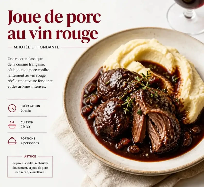 Plat de joue de porc au vin rouge mijotée avec purée de pommes de terre