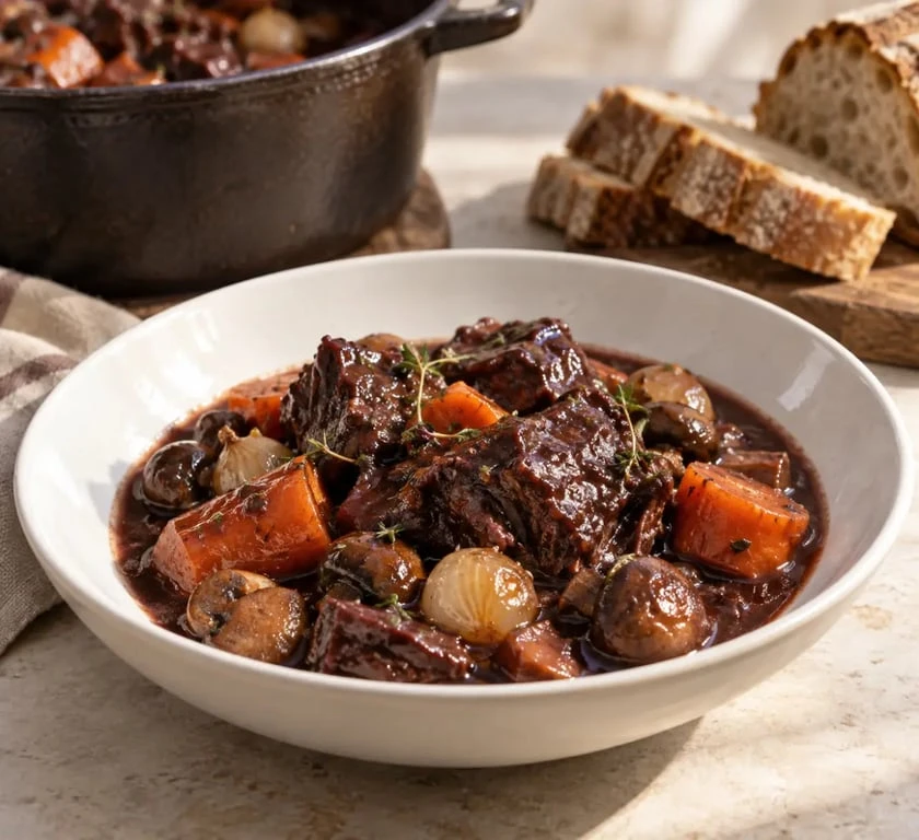 Plats mijotés traditionnels : bœuf bourguignon servi avec des champignons et des carottes