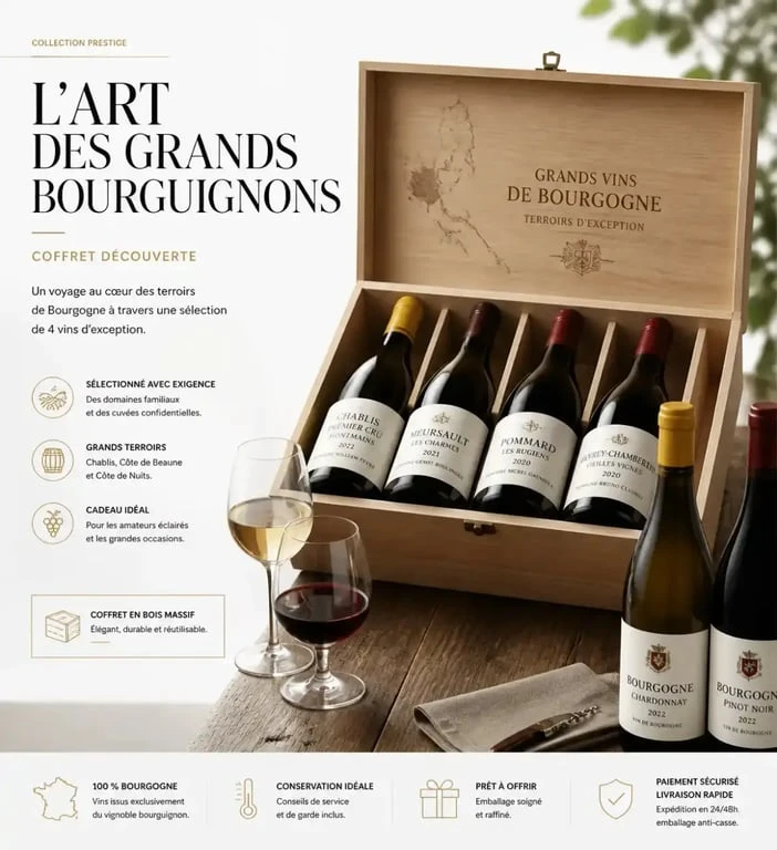 Coffret de vin de Bourgogne haut de gamme avec bouteilles de Pinot Noir et Chardonnay