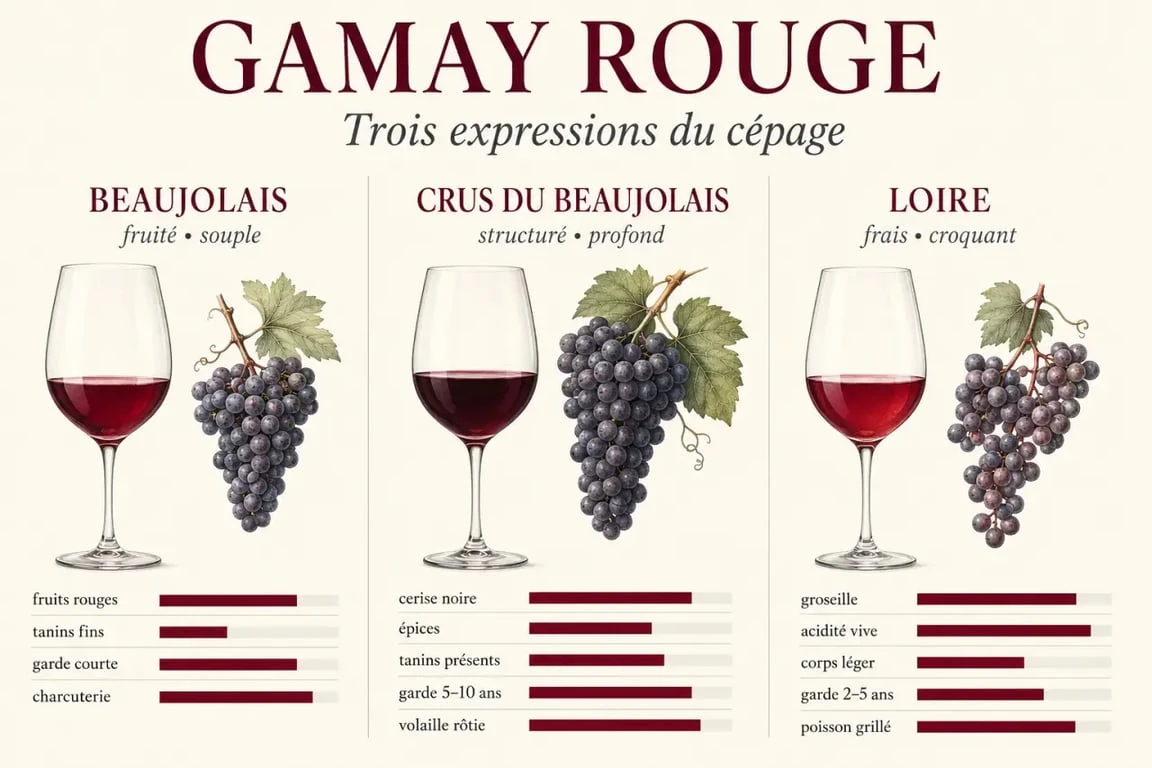 Vin gamay rouge : comparaison visuelle des styles selon les régions, du Beaujolais fruité à la Loire fraîche