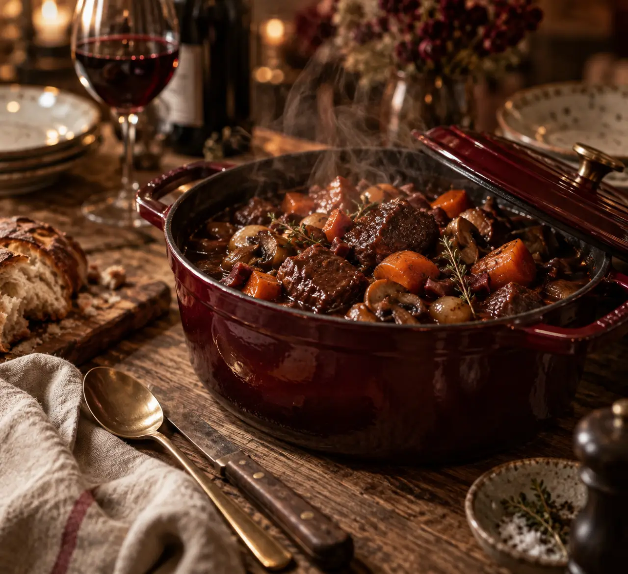 Plats mijotés traditionnels : bœuf bourguignon fumant, prêt la veille