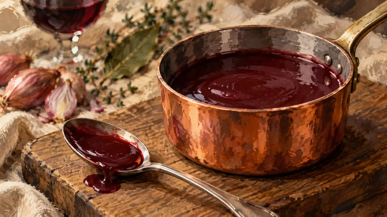 Sauce au vin rouge brillante en casserole