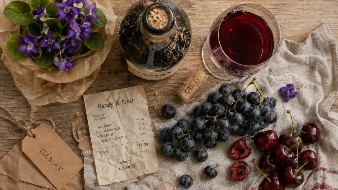 Vin gamay rouge fruité et souple, bouteille et verre