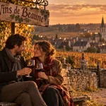 Week end romantique bourgogne : couple près des vignobles, dégustation au coucher du soleil