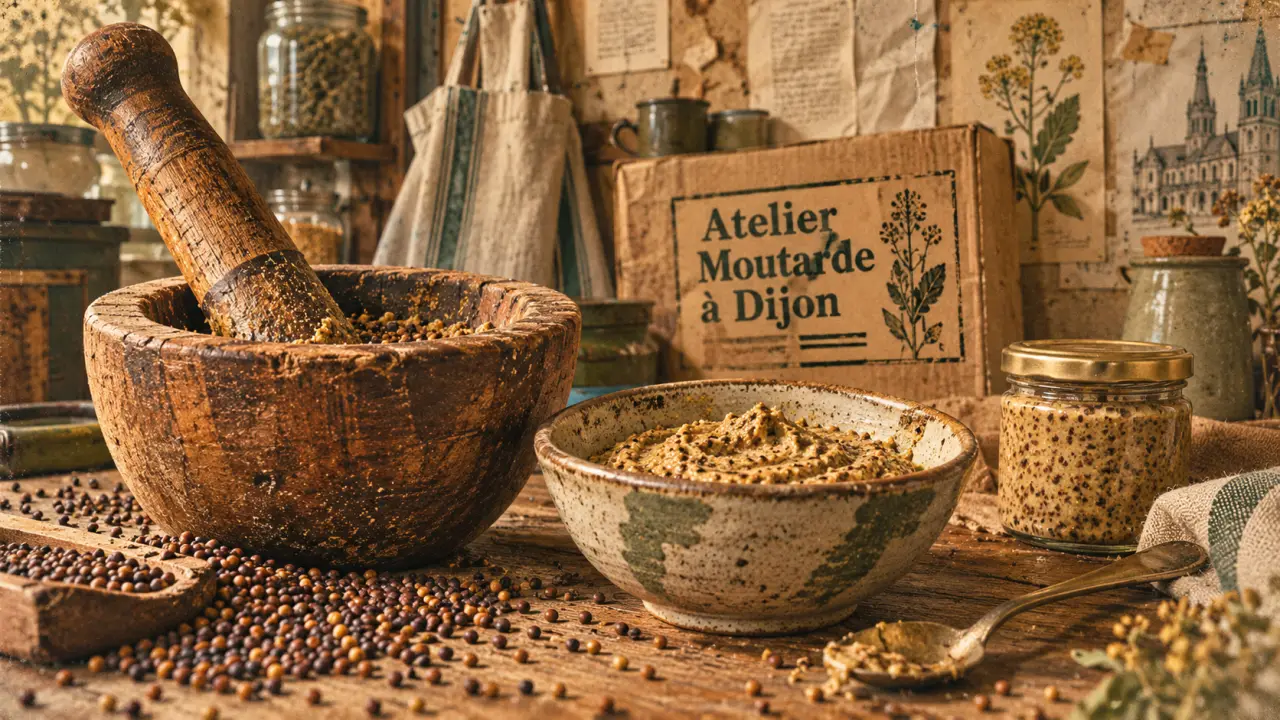 Atelier moutarde dijon : graines de moutarde broyées, mortier en bois