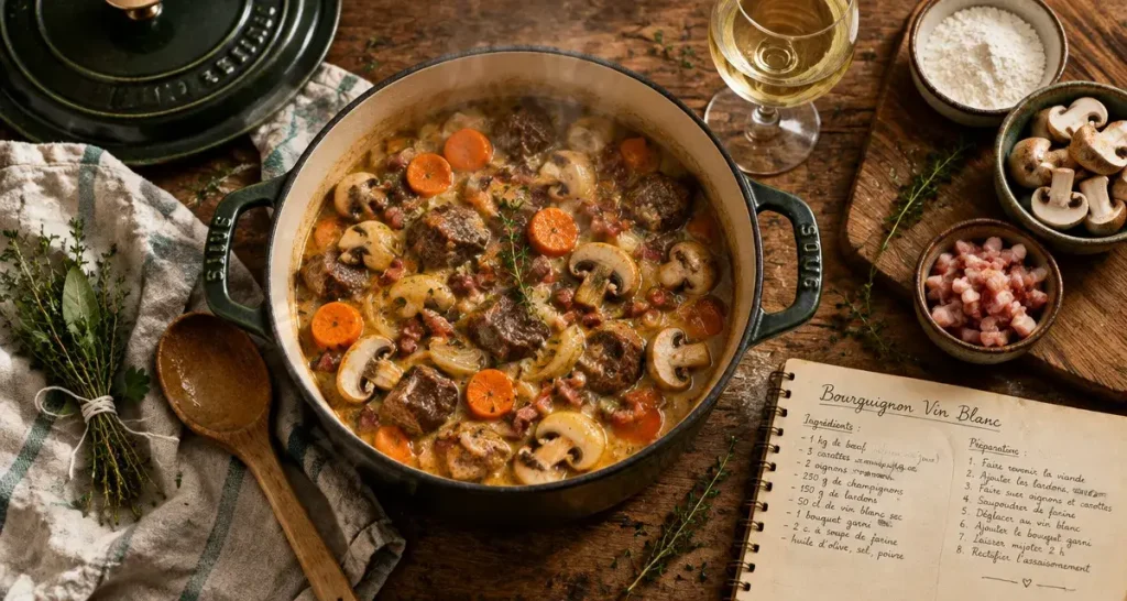 Bourguignon au vin blanc : 1 h 45 de cuisson pour une sauce fraîche et liée