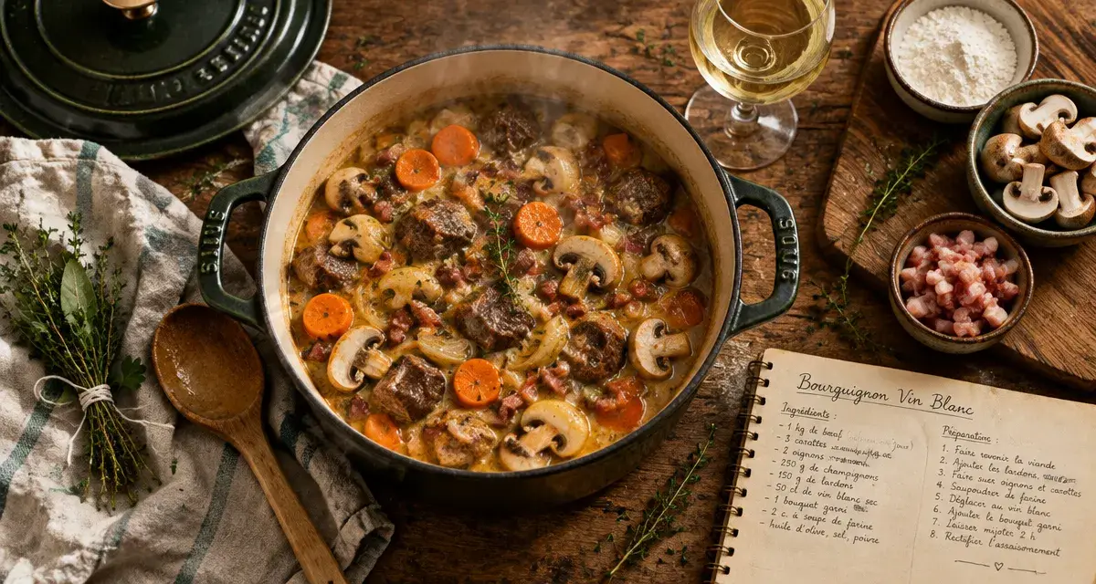 Bourguignon au vin blanc fumant et sauce dorée liée