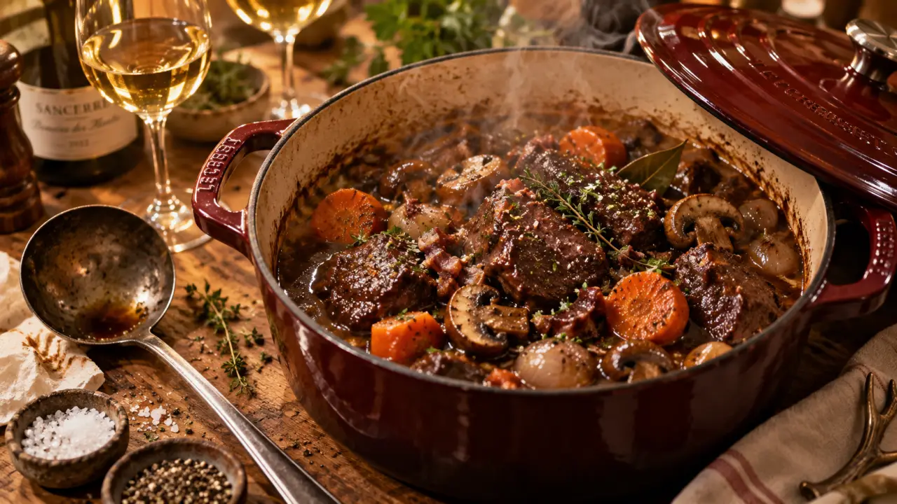 Chevreuil au vin blanc en cocotte, viande moelleuse